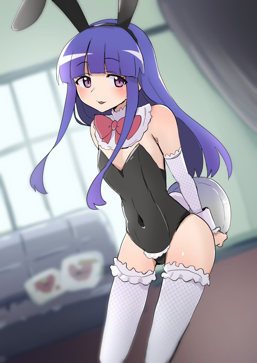 1girl animal_ears arms_behind_back black_leotard blue_hair blush bow bowtie covered_navel elbow_gloves fishnet_gloves fishnet_thighhighs fishnets flat_chest frilled_thighhighs frills furude_rika gloves highres higurashi_no_naku_koro_ni holding holding_tray leotard long28 long_hair looking_at_viewer playboy_bunny purple_eyes rabbit_ears rabbit_tail red_bow red_bowtie smile solo tail thighhighs tray white_gloves white_thighhighs