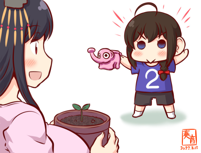 2girls black_hair blue_eyes braid casual flower_pot hair_ornament kanon_(kurogane_knights) kantai_collection long_hair multiple_girls one-hour_drawing_challenge plant red_eyes shigure_(kancolle) shorts watering_can yamashiro_(kancolle) younger