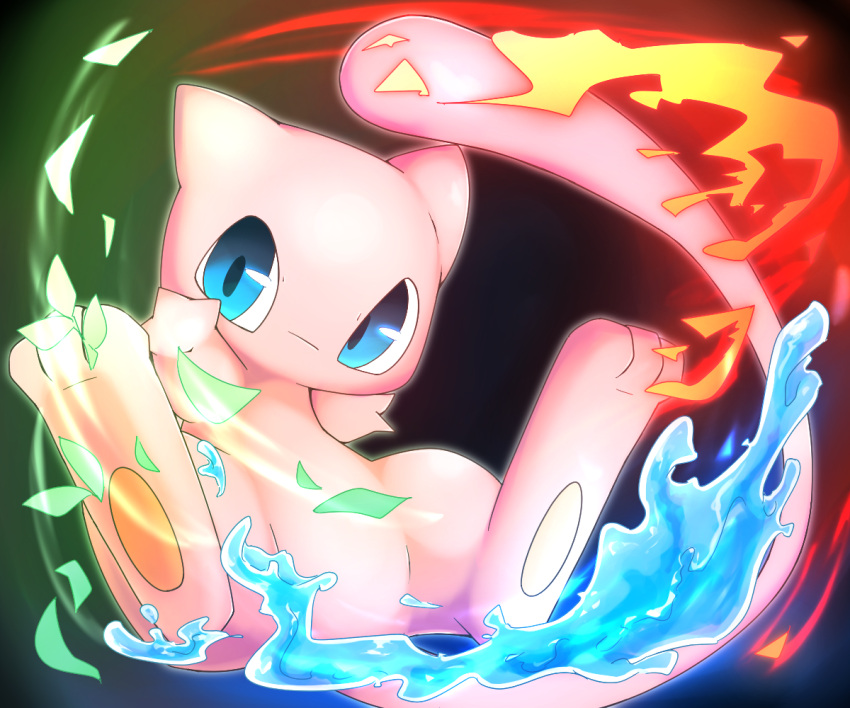 3_fingers 3_toes air_manipulation ambiguous_gender black_background blue_eyes chaba elemental_manipulation feet feral fingers fire fire_manipulation leaf legendary_pok&eacute;mon looking_at_viewer mew nintendo pink_body pok&eacute;mon pok&eacute;mon_(species) simple_background solo toes video_games water water_manipulation