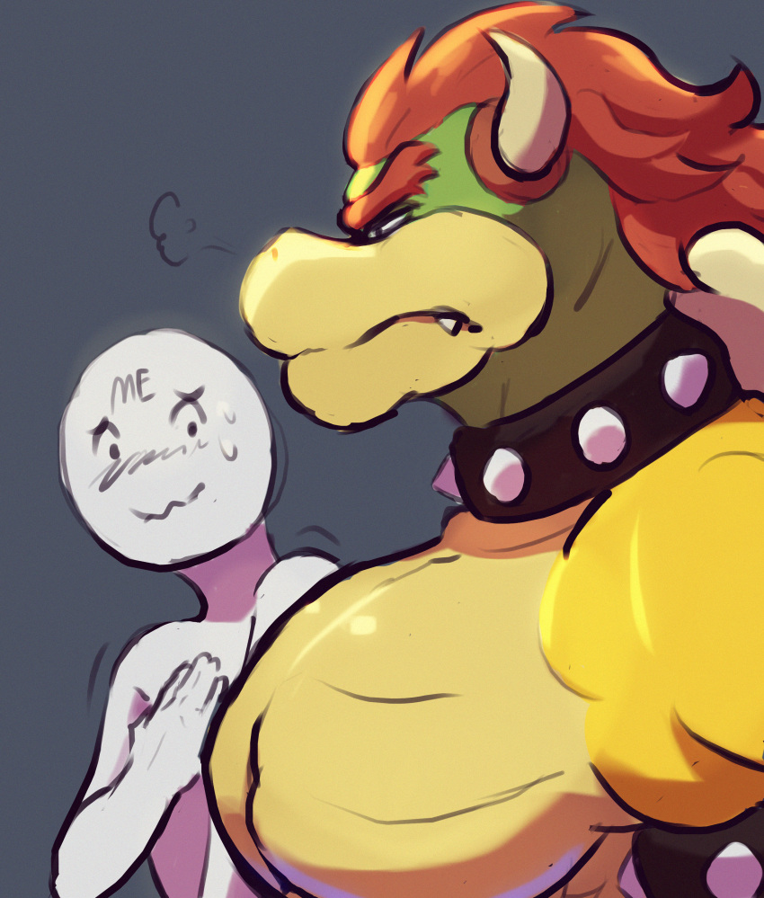 absurd_res accessory anthro armband barazoku biceps big_muscles bodily_fluids bowser bracelet colar collar duo girl_staring_at_man's_chest hair hi_res horn huge_pecs jewelry koopa male mario_bros muscular muscular_anthro muscular_male nintendo nyankyun540 pecs scalie shell simple_background spiked_bracelet spiked_collar spikes spikes_(anatomy) sweat triceps video_games
