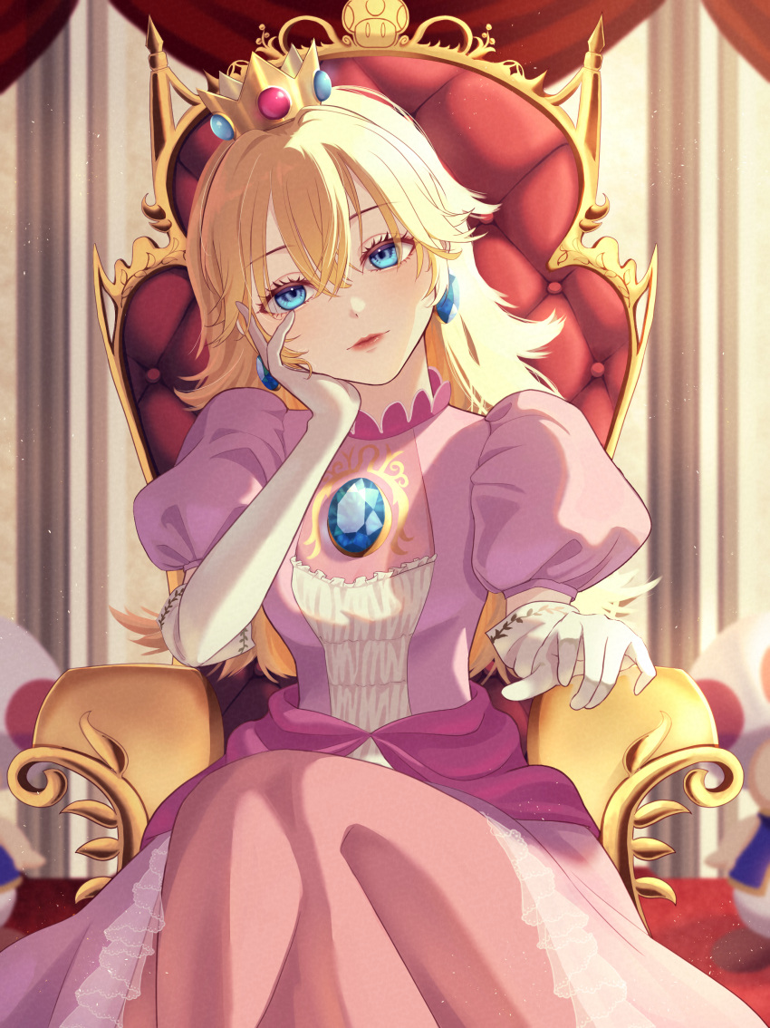 1girl absurdres blonde_hair blue_eyes crown dress earrings gloves hand_on_own_head highres jewelry lipgloss lipstick long_hair looking_at_viewer makeup nagi-negitoro pink_dress pink_lips princess_peach princess_peach's_castle solo toad_(mario) white_gloves