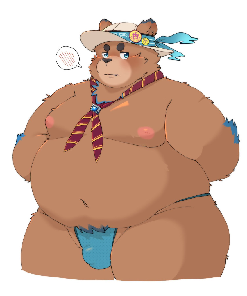 anthro belly blush brown_body brown_fur bulge clothing dragon_night800 embarrassed fur hat headgear headwear hi_res lifewonders male mammal moobs navel nipples overweight solo thong tokyo_afterschool_summoners underwear ursid video_games water_ciramantep