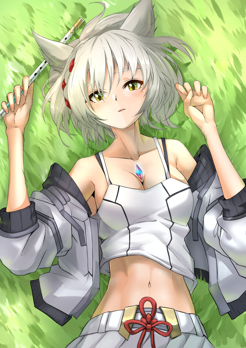 1girl animal_ears breasts cat_ears chest_jewel cleavage collarbone deekei flute grass grey_hair highres instrument jacket light_blush looking_at_viewer lying mio_(xenoblade) navel off_shoulder on_back parted_lips short_hair solo stomach toned upper_body xenoblade_chronicles_(series) xenoblade_chronicles_3