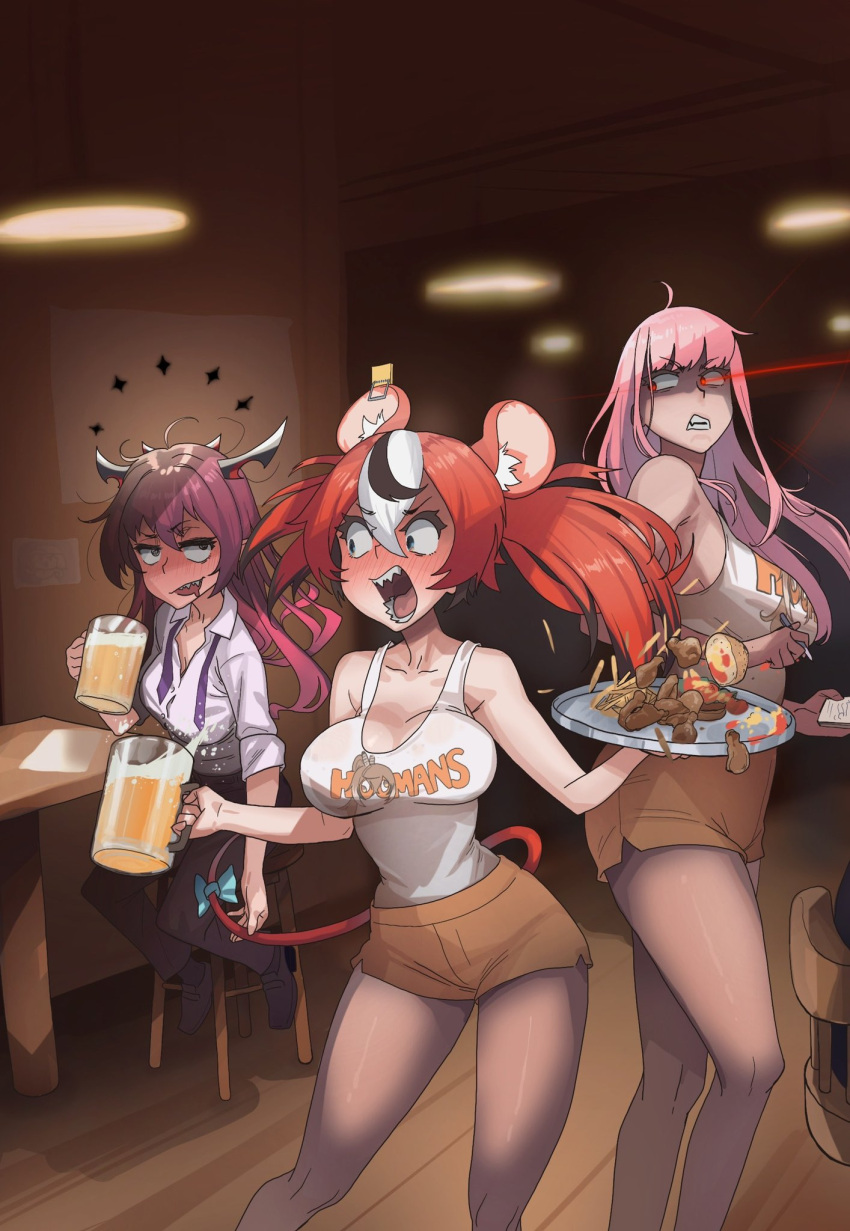 3girls ahoge alcohol animal_ears beer black_hair blush breasts clenched_teeth dress_shirt drooling embarrassed employee_uniform food glowing glowing_eye hakos_baelz highres hooters horns irys_(hololive) large_breasts long_hair mori_calliope mouse_ears mouse_tail mousetrap multicolored_hair multiple_girls nanashi_mumei necktie open_mouth pink_hair red_hair sharp_teeth shirt shorts smile table tail tail_grab teeth twintails uniform white_hair zedd_(zedgawr)