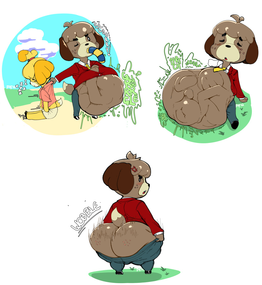 absurd_res animal_crossing ankha_(animal_crossing) anthro belly big_belly big_butt body_outline bottomwear bottomwear_pull breath_cloud butt butt_expansion canid canine canis clothing clothing_pull digby_(animal_crossing) digestion digestion_noises dipstick_tail domestic_cat domestic_dog expansion felid feline felis female female_prey fourofour freckles freckles_on_butt hi_res huge_butt isabelle_(animal_crossing) male male/female male_pred mammal markings multiple_prey nintendo one_eye_closed onomatopoeia oral_vore pants pants_pull rumbling_stomach sequence shih_tzu sleeping striped_markings striped_tail stripes swallowing tail_markings teapot_(body_type) toy_dog video_games vore weight_gain