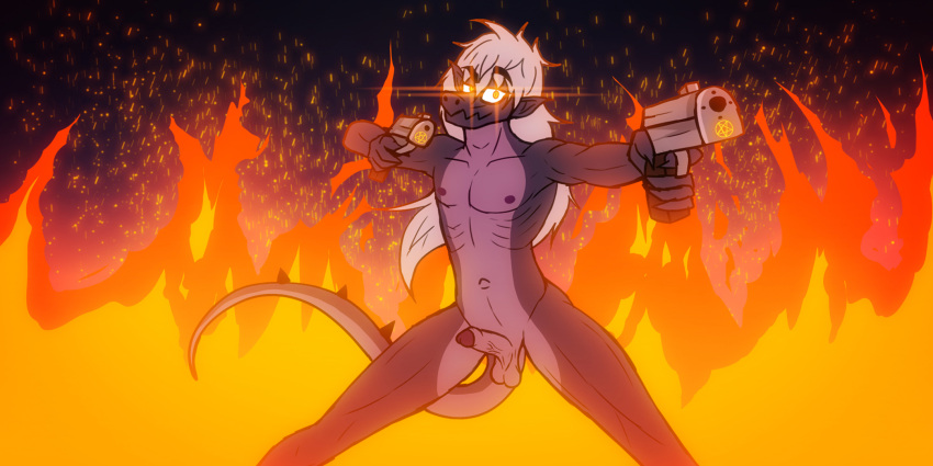 action_pose alligator alligatorid anthro athletic athletic_male balls caiman crocodilian demon erection fire frank_fathih genitals glowing glowing_eyes gun hair handgun hi_res humanoid humanoid_genitalia humanoid_penis hybrid kimero_kat lens_flare long_hair looking_at_viewer male nipples nude penis pistol pose ranged_weapon reptile saggy_balls scalie snout solo spread_legs spreading weapon white_hair