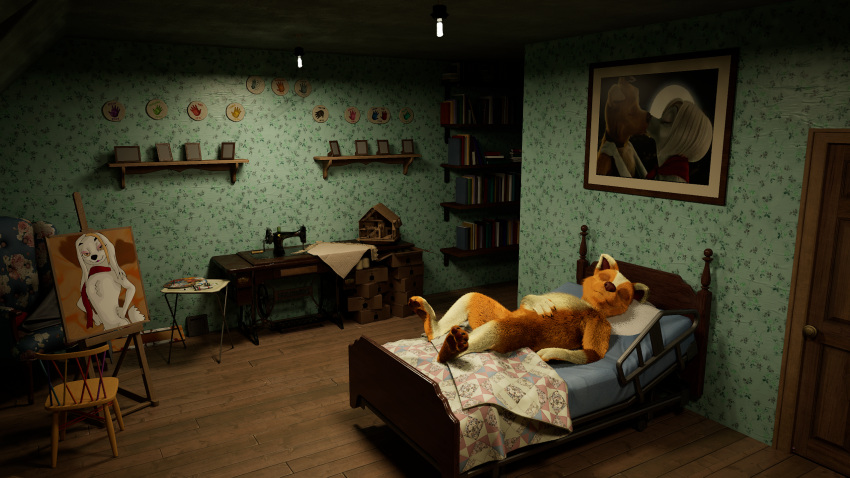 anthro bed canid canine dream duo female furniture hi_res laila_(roadside_romeo) male male/female mammal roadside_romeo romeo_(roadside_romeo) sleeping titord