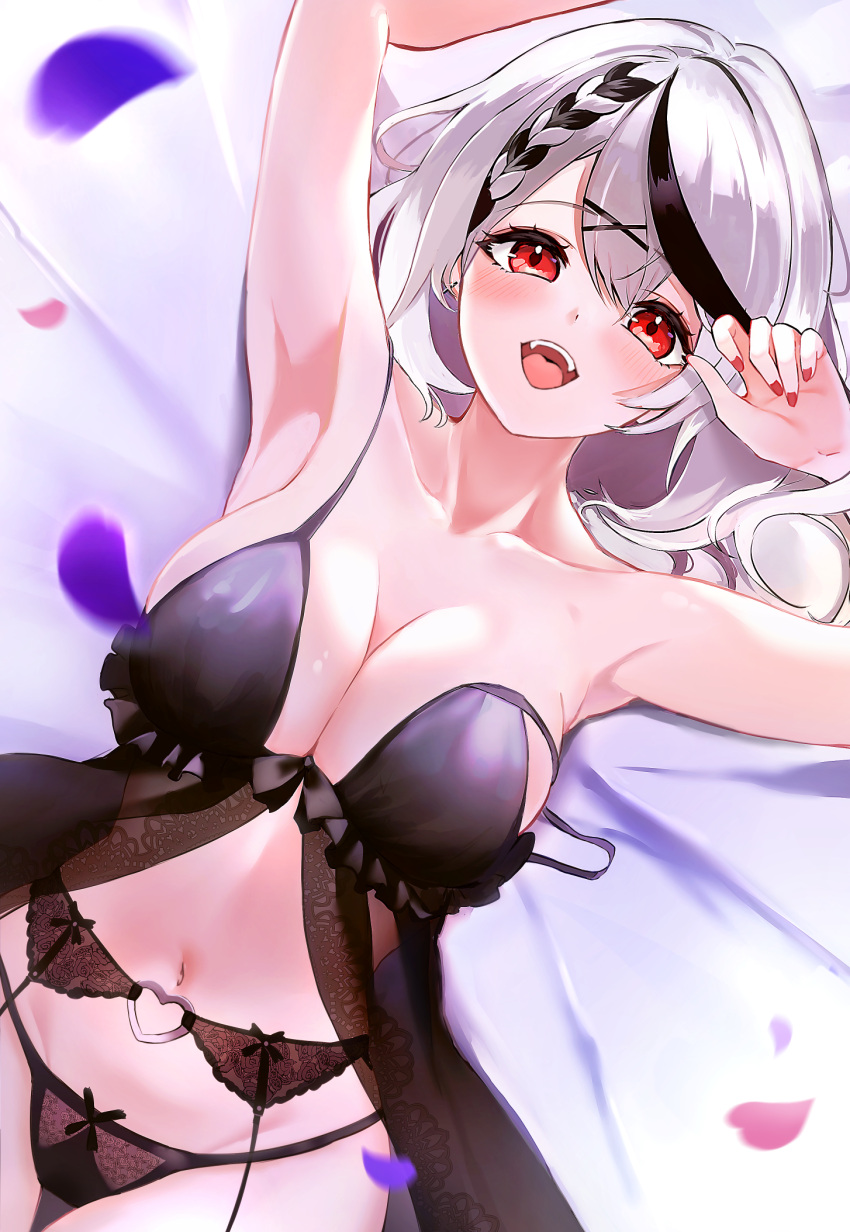 1girl armpits arms_up aya02ka bangs bare_shoulders bed_sheet black_panties blush braid breasts cleavage collarbone ear_piercing grey_hair groin hair_ornament highres hololive large_breasts looking_at_viewer lying medium_hair multicolored_hair navel on_back open_mouth panties petals piercing red_eyes red_nails sakamata_chloe single_braid smile solo strap_slip streaked_hair teeth thong tongue underwear underwear_only upper_teeth virtual_youtuber x_hair_ornament