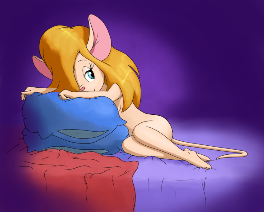 anthro bed blue_eyes breasts chip_'n_dale_rescue_rangers disney female furniture gadget_hackwrench itsjustflesh looking_back lying lying_on_bed mammal mouse murid murine nude on_bed pillow pink_nose purple_background rodent simple_background solo