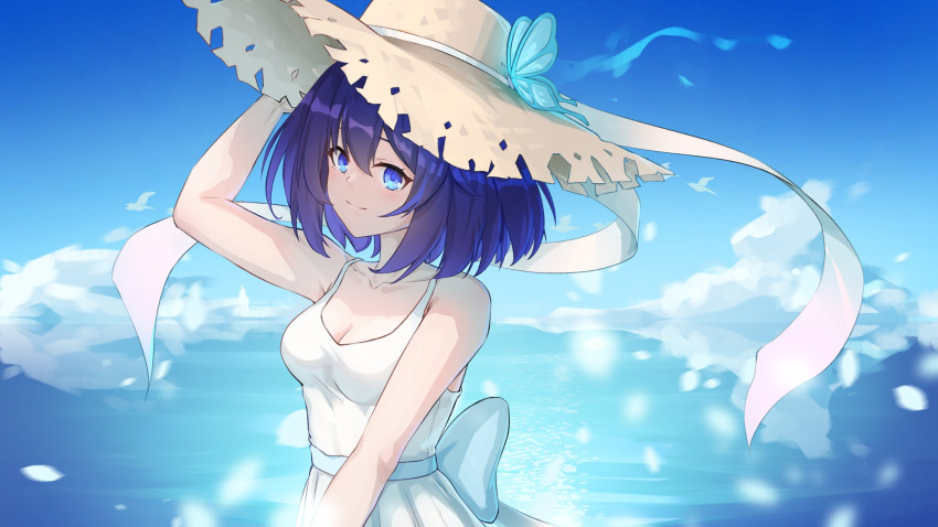 1girl arm_up bangs bare_arms bare_shoulders blue_eyes blue_sky breasts brown_headwear caisena cleavage closed_mouth cloud collarbone commentary_request dress hair_between_eyes hand_on_headwear hat highres honkai_(series) honkai_impact_3rd looking_at_viewer medium_breasts purple_hair seele_vollerei short_hair sky sleeveless sleeveless_dress smile solo straw_hat water white_dress