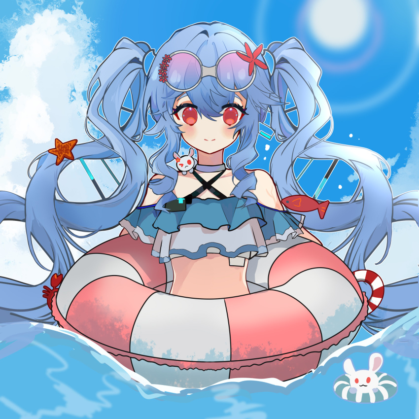 1girl absurdres animal_on_shoulder bare_shoulders bikini blue_hair blue_sky blush chinese_commentary cloud cloudy_sky commentary_request crab_hair_ornament criss-cross_halter day double_helix eyewear_on_head fish_hair_ornament frilled_bikini frills girls'_frontline girls'_frontline_neural_cloud hair_between_eyes hair_ornament halterneck heituitui helix_(girls'_frontline_nc) highres holding holding_innertube innertube long_hair looking_at_viewer outdoors rabbit red_eyes sidelocks sky smile solo starfish starfish_hair_ornament sun sunglasses swimsuit twintails upper_body water