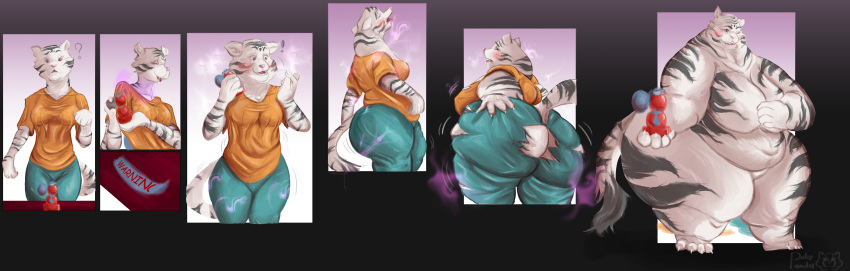 absurd_res albino anthro big_breasts big_butt bottomwear breasts butt clothing colored felid female female/female fluffy fluffy_tail hi_res lion male mammal overweight overweight_anthro overweight_female pantherine pants perfume ruby_panda(artist) sequence sequential_art solo sukari thick_thighs tiger webcomic weight_gain