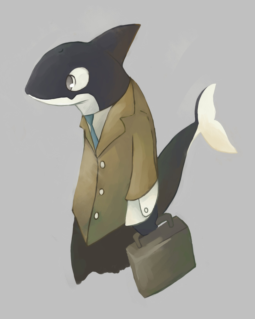 2012 anthro business_suit cetacean clothing delphinoid hi_res male mammal marine necktie oceanic_dolphin orca retros simple_background solo standing suit suitcase toothed_whale