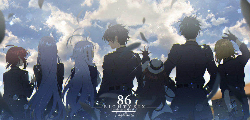 2boys 5girls 86_-eightysix- ahoge anju_emma antenna_hair black_hair blonde_hair blue_eyes brown_hair cloud cloudy_sky facing_away hat highres kagura_kurosaki kaie_taniya kurena_kukumila long_hair looking_afar looking_at_another multiple_boys multiple_girls ponytail raiden_shuga red_hair shinei_nouzen short_hair sky theoto_rikka vladilena_millize wavy_hair white_hair