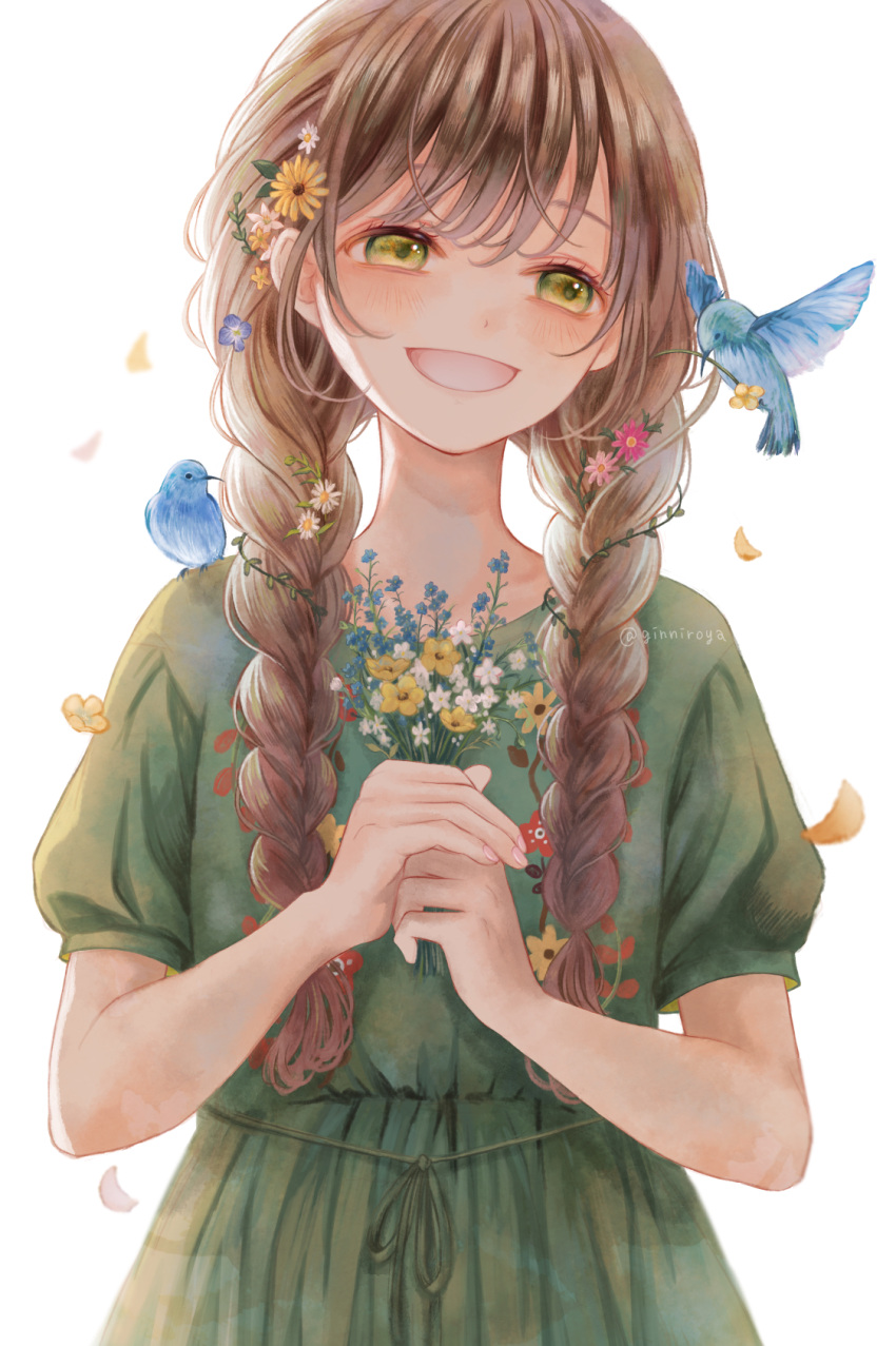 1girl :d animal_on_shoulder bangs bird bird_on_shoulder blue_bird blue_flower blunt_bangs bouquet brown_hair daisy dress eyelashes fingernails flat_chest floral_print flower ginniroya green_dress green_eyes hair_behind_ear hair_flower hair_ornament half-closed_eyes happy highres holding holding_bouquet hummingbird leaf light_blush looking_at_animal open_mouth original petals pink_flower plant puffy_short_sleeves puffy_sleeves short_sleeves sideways_glance simple_background smile solo twintails vines white_background white_flower yellow_flower