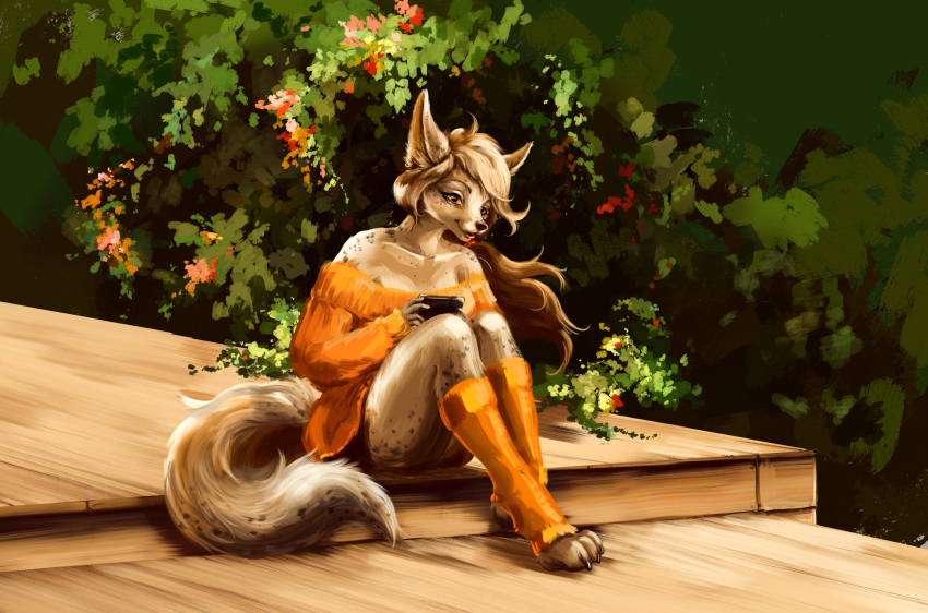 2022 absurd_res anthro breasts canid canine clothed clothing digital_media_(artwork) elkir eyebrows eyelashes feet female fingers fur grey_body grey_fur hi_res mammal sitting smile solo toes