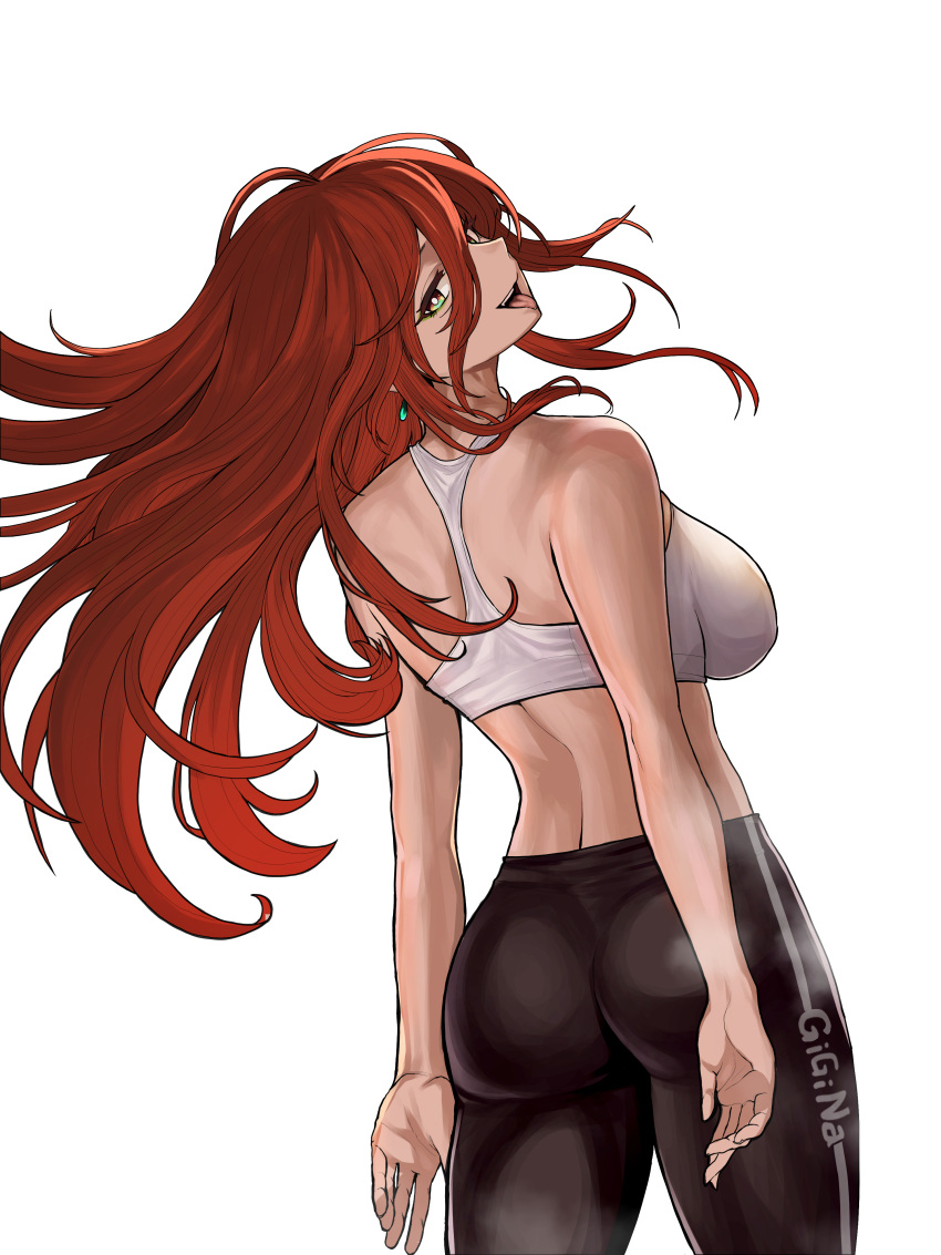 1girl absurdres ass breasts chroong from_behind green_eyes highres large_breasts long_hair looking_back multicolored_eyes pants red_eyes red_hair shut_hell shut_hell_(character) solo sports_bra tongue tongue_out yoga_pants