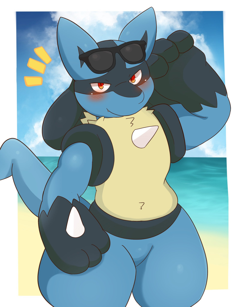 2022 3_fingers ai_only_dream anthro beach black_body blue_body blue_ears blue_sky blue_tail chest_spike cloud eyewear fingers front_view fur generation_4_pokemon hi_res looking_at_viewer lucario multicolored_body nintendo nude pok&eacute;mon pok&eacute;mon_(species) sand seaside sky solo spikes spikes_(anatomy) teeth video_games water yellow_body yellow_fur