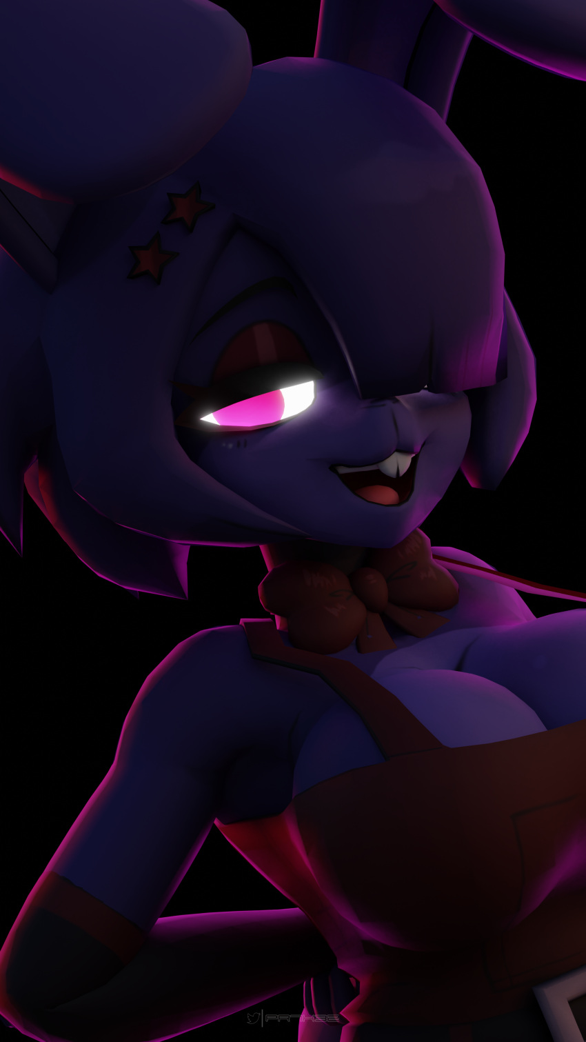 absurd_res anthro big_ears bonnie_(cally3d) bonnie_(fnaf) buckteeth female five_nights_at_freddy's fredina's_nightclub hair hi_res imminent_sex lagomorph leporid looking_at_viewer mammal necktie pink_eyes prykez purple_body purple_hair rabbit red_necktie red_overalls scottgames smile smiling_at_viewer solo teeth video_games