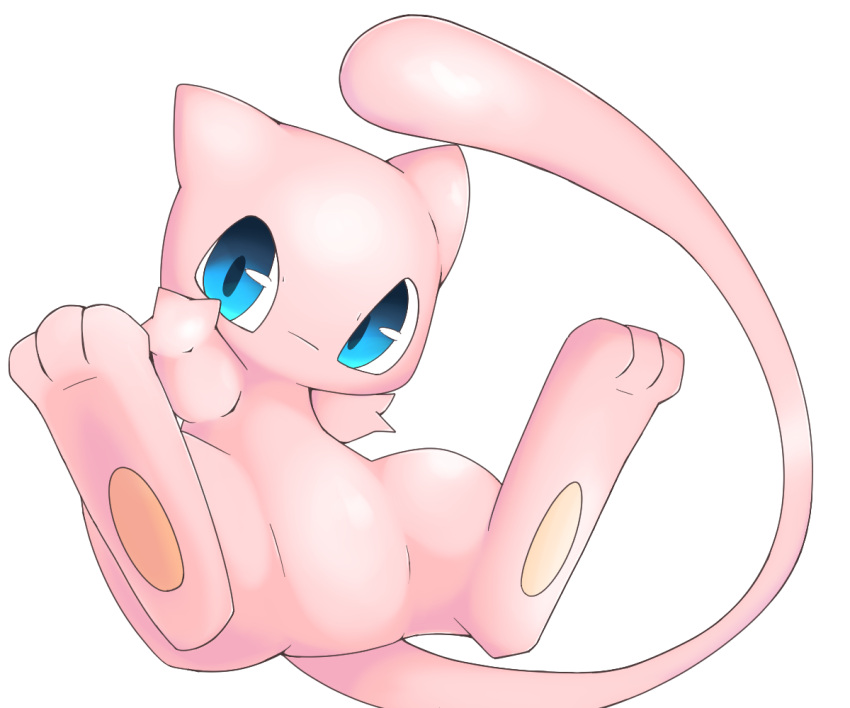 3_fingers 3_toes ambiguous_gender blue_eyes chaba feet feral fingers legendary_pok&eacute;mon looking_at_viewer mew monotone_body nintendo pink_body pok&eacute;mon pok&eacute;mon_(species) simple_background solo toes video_games white_background