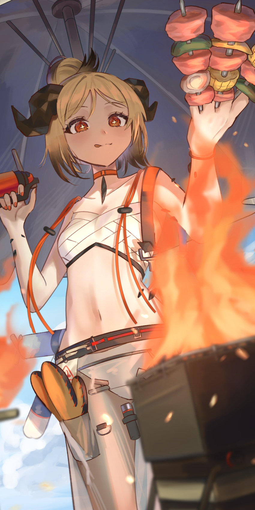 +_+ 1girl :q absurdres arknights bandages beach_umbrella bikini blonde_hair breasts chest_sarashi choker collarbone cowboy_shot fire flame food hands_up highres holding holding_food horns ifrit_(arknights) ifrit_(sunburn)_(arknights) kebab lucy_(rusi-juren328) navel official_alternate_costume orange_choker oven_mitts red_eyes sarashi sarong short_hair small_breasts solo standing stomach swimsuit tongue tongue_out umbrella white_bikini