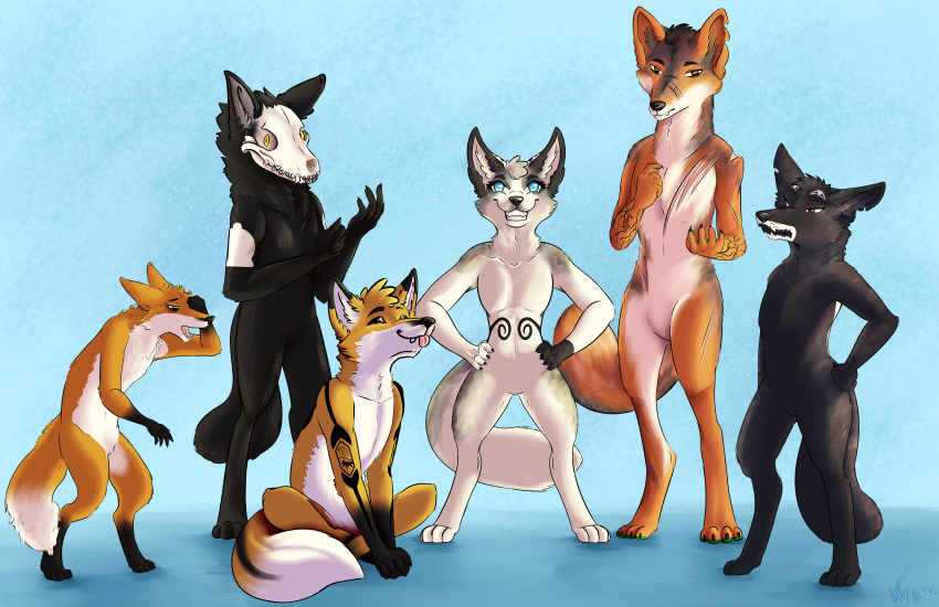 absurd_res akai_(akaifox) alice_(akaifox) amber_eyes anthro arturo_(akaifox) avi_(akaifox) bell_(marking) black_body black_fur blep blue_background blue_eyes bone canid canine canis cas_(akaifox) chipped_ear claws confident coyote cracks_(marking) digitigrade dipstick_ears dipstick_tail ears_back eyes_(marking) facial_markings female fluffy fluffy_tail fox fur fur_markings fur_tattoo gradiant_background green_pawpads group hand_on_hip handpaw hands_on_hips head_markings hi_res leg_markings looking_at_viewer lotus_pose male mammal marble_fox markings mia_(akaifox) multicolored_ears multicolored_eyes neck_tuft orange_body orange_fur pawpads paws pivoted_ears pose rainbow_eyes red_fox rubbing_eye sassy scar scars_all_over scruffy silver_fox simple_background sitting skull skull_head skullfox smile snaggle_tooth snout snout_markings socks_(marking) split_eyebrow swirl_(marking) tail_markings teeth tired tongue tongue_out tuft watermark wolfdesigner10 yellow_eyes young