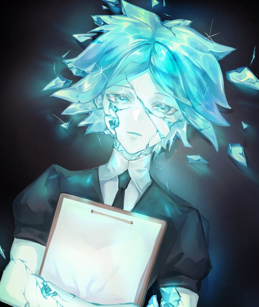 1other androgynous aqua_eyes aqua_hair b.s_(fwpt2745) black_jacket cracked_skin gem_uniform_(houseki_no_kuni) glowing highres holding houseki_no_kuni jacket looking_at_viewer lying necktie on_back other_focus phosphophyllite puffy_short_sleeves puffy_sleeves shirt short_hair short_sleeves solo upper_body white_shirt