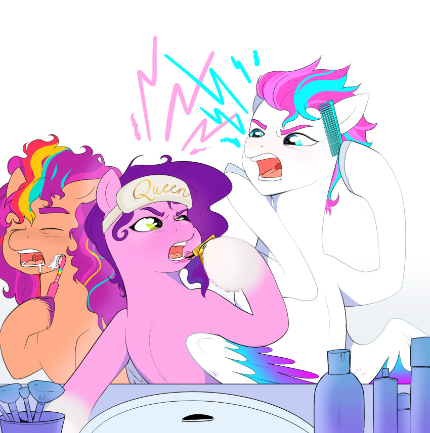 arguing aztrial bags_under_eyes bathroom blue_eyes brush comb earth_pony equid equine eyemask female green_eyes hasbro hi_res hooves horse lipstick makeup mammal mlp_g5 my_little_pony pegasus pipp_petals_(mlp) pony simple_background sink sunny_starscout_(mlp) toothbrush white_background wings zipp_storm_(mlp)