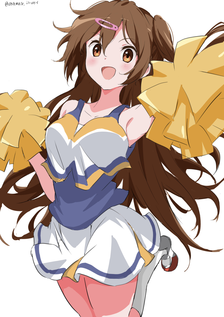 1girl :d absurdres armpits bangs blue_shirt blue_skirt blush breasts brown_eyes brown_hair cheerleader chuunibyou_demo_koi_ga_shitai! collarbone hair_ornament hairclip highres large_breasts long_hair looking_at_viewer nibutani_shinka one_side_up open_mouth pom_pom_(cheerleading) shiny shiny_hair shirt simple_background skirt smile socks solo white_background white_gorilla_(okamoto) white_shirt white_skirt white_socks