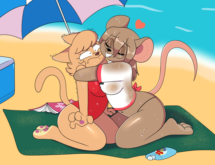 &lt;3 4_fingers absurd_res anthro beach beach_towel beach_umbrella big_breasts book breasts clothed clothing cooler digital_media_(artwork) duo embrace eyelashes eyes_closed eyewear face_to_face feet felid feline female fingers fur glasses hair hi_res hug kabula_(artist) mammal mouse murid murine navel one-piece_swimsuit outside pawpads rodent sand seaside sunblock swimwear toes towel translucent translucent_clothing water wet