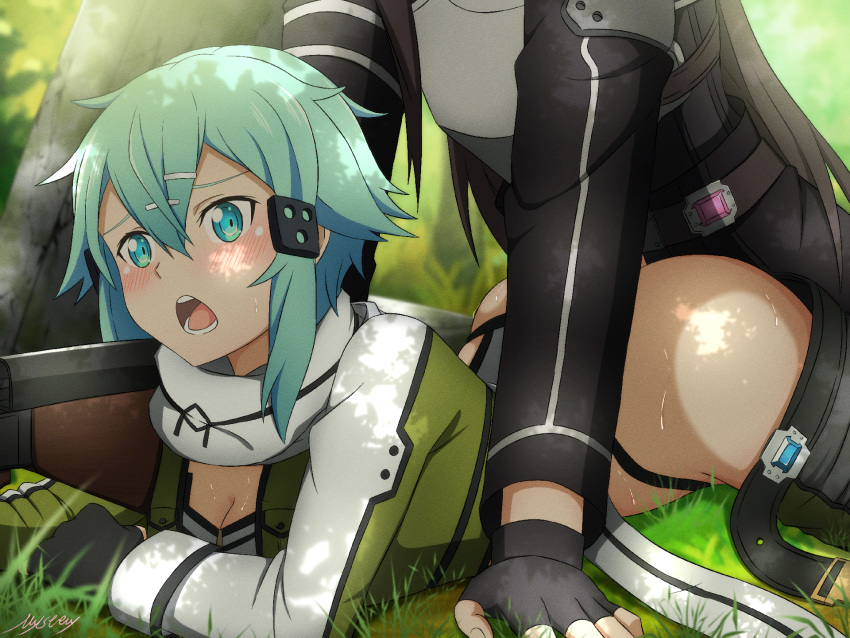 1boy 1girl armor ass belt black_belt black_gloves black_jacket black_shorts blush boy_on_top breastplate breasts brown_hair cleavage clothes_pull gloves grass green_eyes green_hair green_jacket grey_scarf hair_ornament hairclip highres jacket kirito_(sao-ggo) large_breasts long_hair long_sleeves lying mysteryctu on_stomach open_belt open_clothes open_mouth open_shorts outdoors prone_bone scarf sex sex_from_behind shiny shiny_hair shorts shorts_pull sidelocks sinon sweat sword_art_online tree weapon white_jacket