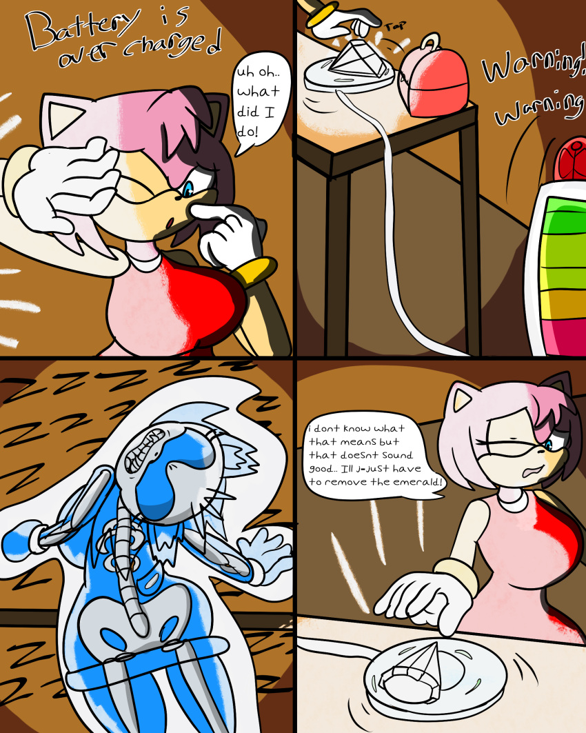 absurd_res amy_rose anthro big_breasts breasts chaos_emerald clothing comic dezmine21 digital_media_(artwork) electricity eulipotyphlan female fur gloves green_eyes hair handwear hedgehog hi_res huge_breasts mammal open_mouth pink_body sega simple_background solo sonic_the_hedgehog_(series) thick_thighs wide_hips