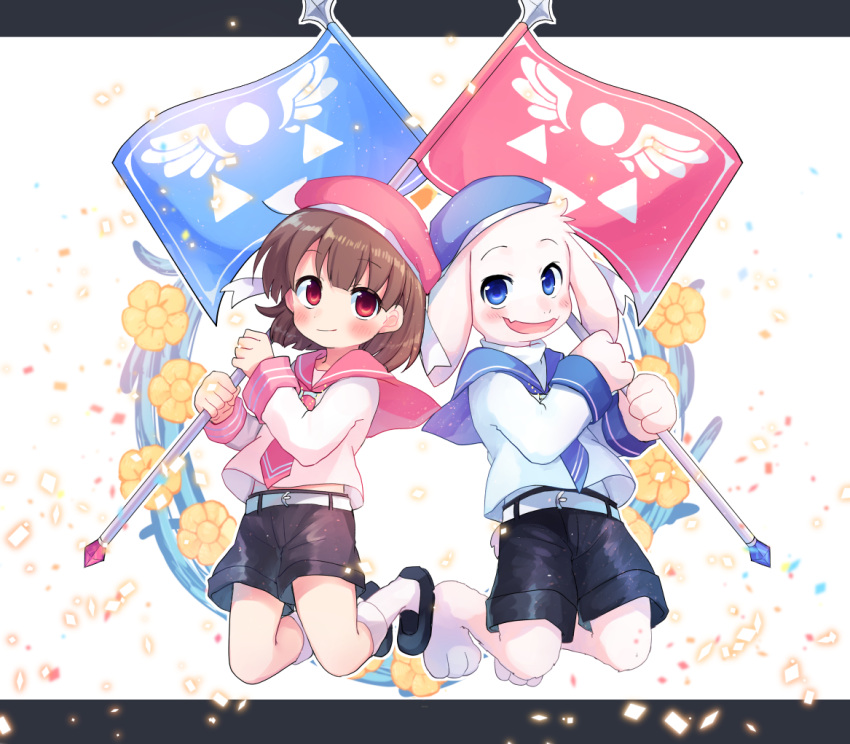 asriel_dreemurr black_shorts blue_eyes brown_hair chara_(undertale) closed_mouth flag flower holding holding_flag long_sleeves looking_at_viewer open_mouth red_eyes sailor_collar shirt short_hair shorts simple_background smile symmetry undertale white_background white_shirt xox_xxxxxx yellow_flower