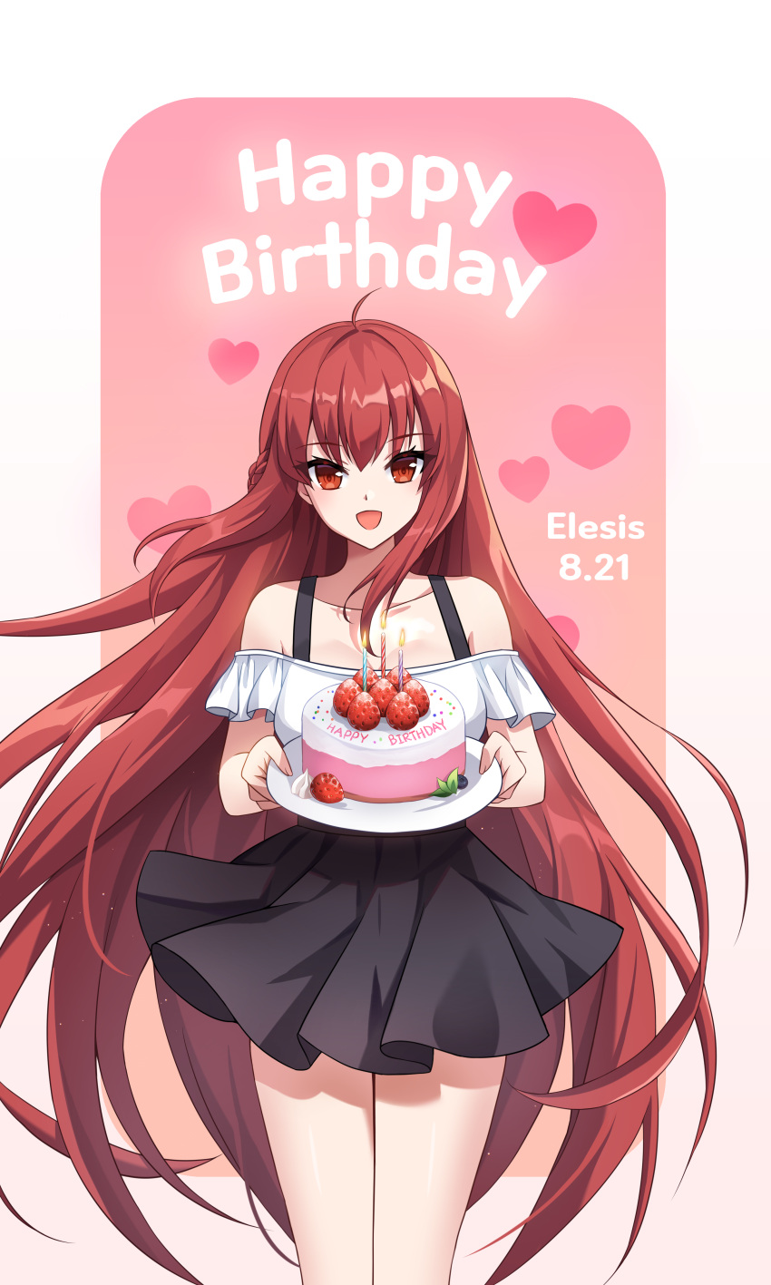 1girl absurdres ahoge alternate_costume bangs bare_shoulders birthday birthday_cake black_skirt cake casual commentary_request copyright_name dated elesis_(elsword) elsword english_text floating_hair food grand_master_(elsword) hair_between_eyes happy_birthday heart highres long_hair looking_at_viewer naze236 open_mouth red_eyes red_hair skirt sleeveless smile solo tank_top very_long_hair white_tank_top