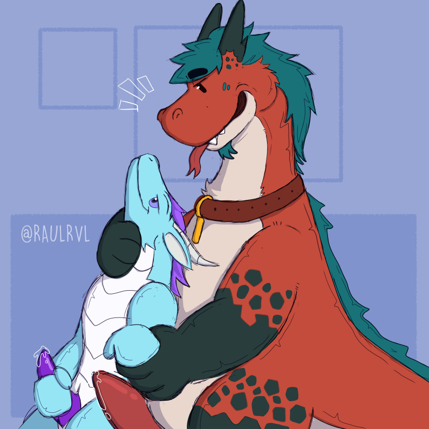 absurd_res anthro aura_derg bean_(matte_wolf) bodily_fluids collar digital_media_(artwork) dragon duo erection genital_fluids genitals grabbing_from_behind hair hi_res holding_neck horn looking_at_another male male/male penis raulrvl scalie simple_background size_difference tongue