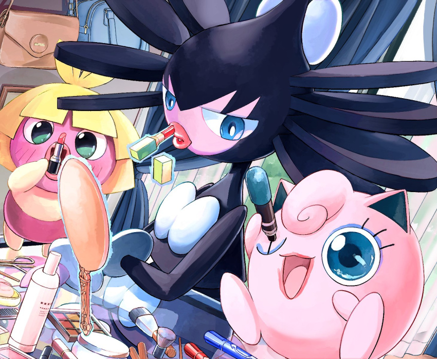 ;d applying_makeup bag blue_bag blue_eyes bottle brown_bag commentary_request cosmetics eyelashes gothitelle green_eyes highres holding indoors jigglypuff lipstick lipstick_tube makeup makeup_brush mukiguri one_eye_closed open_mouth pokemon pokemon_(creature) smile smoochum tongue