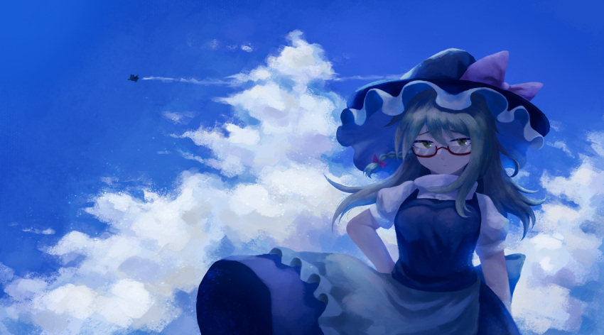 1girl apron back_bow bangs bespectacled black_headwear black_skirt black_vest blonde_hair blue_sky bow braid closed_mouth cloud commentary_request cowboy_shot frilled_hat frills glasses hair_bow hand_on_hip hat hat_bow highres kirisame_marisa lakenightbug long_hair looking_at_viewer puffy_short_sleeves puffy_sleeves red-framed_eyewear red_bow semi-rimless_eyewear shirt short_sleeves single_braid skirt sky solo touhou vest waist_apron white_apron white_bow white_shirt witch_hat