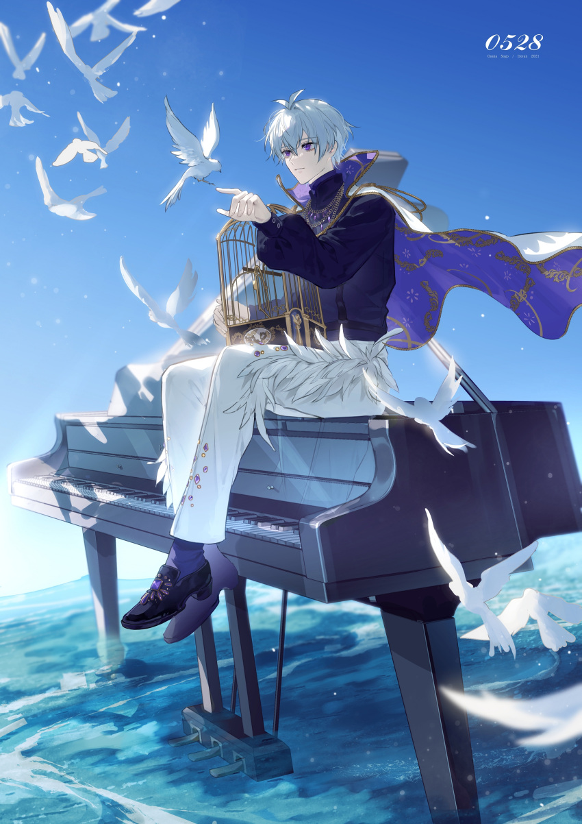 1boy absurdres bishounen day doran_(doran7280) full_body highres idolish_7 instrument looking_at_another male_focus ocean osaka_sougo outdoors piano purple_eyes short_hair solo white_bird white_hair