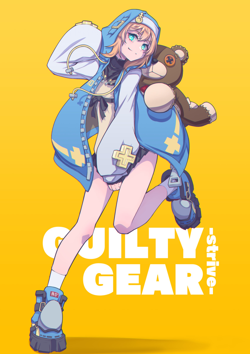 1boy absurdres androgyne_symbol aqua_eyes bare_legs blonde_hair blue_footwear blue_jacket bridget_(guilty_gear) clothes_pull commentary copyright_name dress english_commentary full_body guilty_gear guilty_gear_strive habit hand_up head_tilt hej highres jacket looking_at_viewer male_focus open_clothes open_jacket otoko_no_ko roger_(guilty_gear) shadow shoes short_hair simple_background smile socks solo stuffed_animal stuffed_toy teddy_bear white_socks yellow_background yellow_dress zipper