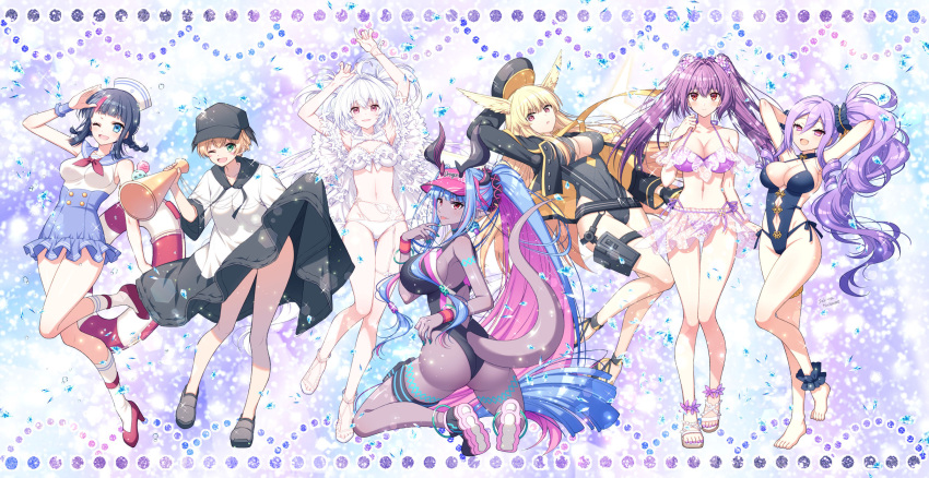6+girls armpits arms_behind_head arms_up ass back bangs bare_shoulders barefoot black_swimsuit blue_hair blush body_markings breasts cleavage colored_skin earrings fate/grand_order fate_(series) full_body gareth_(swimsuit_saber)_(fate) grey_skin hair_between_eyes hair_ornament hair_scrunchie highleg highleg_swimsuit highres horns ibuki_douji_(fate) ibuki_douji_(swimsuit_berserker)_(fate) jewelry large_breasts long_hair looking_at_viewer looking_back merlin_(fate/prototype)_(swimsuit_pretender) multicolored_hair multiple_girls navel one-piece_swimsuit oni oni_horns open_mouth pink_hair pink_headwear pink_swimsuit pointy_ears ponytail purple_eyes purple_hair red_eyes sakura_tsubame scathach_(fate) scathach_skadi_(fate) scathach_skadi_(swimsuit_ruler)_(fate) scrunchie shoes side_ponytail sidelocks smile sneakers squatting swimsuit tail thigh_strap thighlet thrud_(fate) thrud_(swimsuit_assassin)_(fate) tongue tongue_out two-tone_swimsuit utsumi_erice_(swimsuit_avenger)_(fate) valkyrie_(fate) very_long_hair visor_cap wrist_scrunchie wristband wu_zetian_(fate) wu_zetian_(swimsuit_caster)_(fate)