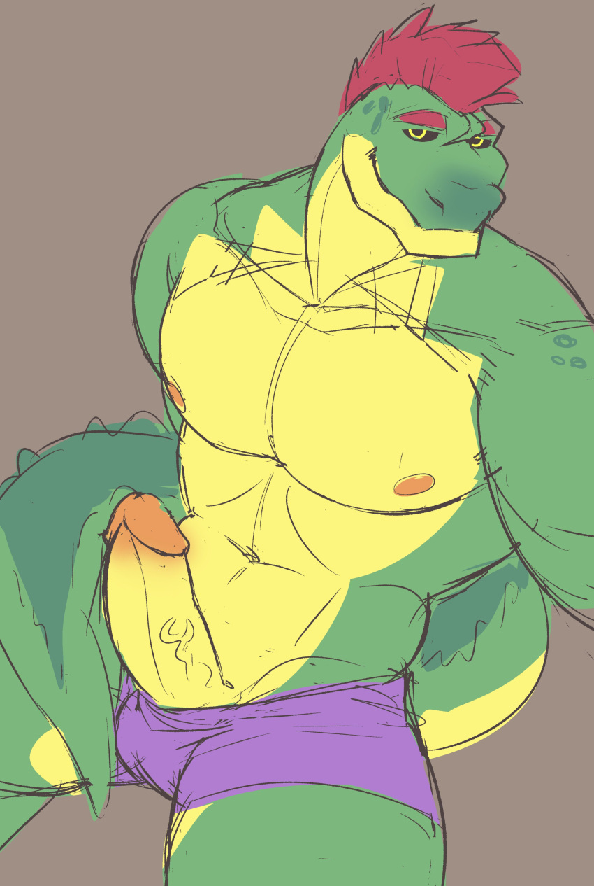 abs absurd_res alligator alligatorid anthro biceps bottomwear clothed clothing countershading crocodilian digital_media_(artwork) erection five_nights_at_freddy's five_nights_at_freddy's:_security_breach genitals green_body hair hi_res male montgomery_gator_(fnaf) monty navel ni_(artist) nipples penis poking_out purple_bottomwear purple_clothing purple_shorts red_hair reptile scalie scottgames shorts simple_background smile solo topless vein veiny_penis video_games yellow_body yellow_countershading yellow_penis