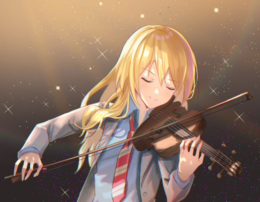 1girl bangs blonde_hair blue_shirt closed_eyes closed_mouth collared_shirt gradient gradient_background grey_jacket highres instrument jacket long_hair long_sleeves miyazono_kawori music nanashi_(74_nanashi) necktie open_clothes open_jacket playing_instrument red_necktie shigatsu_wa_kimi_no_uso shiny shiny_hair shirt smile solo sparkle striped_necktie violin