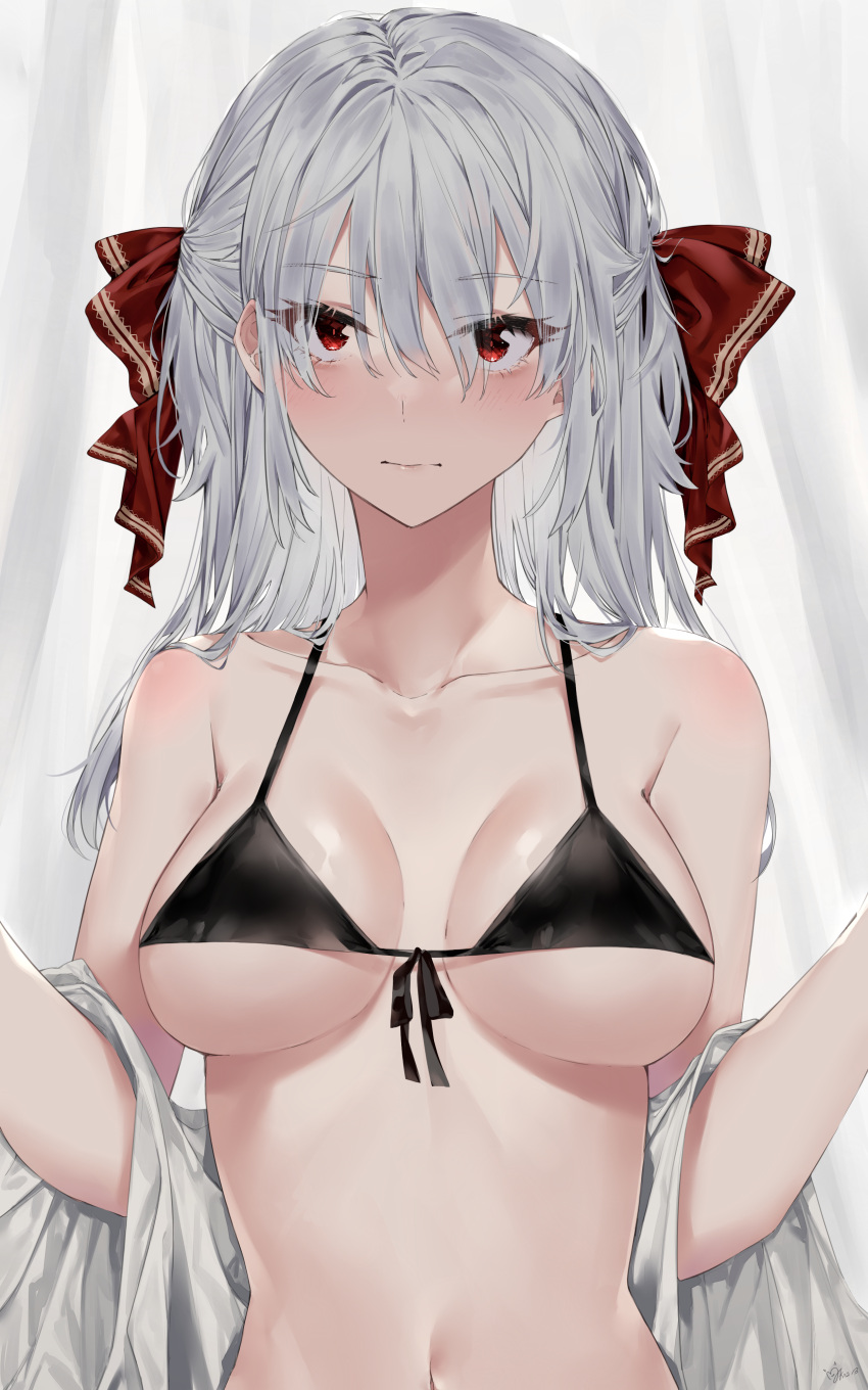 1girl absurdres bangs bikini black_bikini blush bow breasts cleavage closed_mouth collarbone eyelashes front-tie_bikini front-tie_top hair_between_eyes hair_bow highres kaa-san long_hair looking_at_viewer medium_breasts navel original red_bow red_eyes sideboob solo swimsuit underboob upper_body white_hair