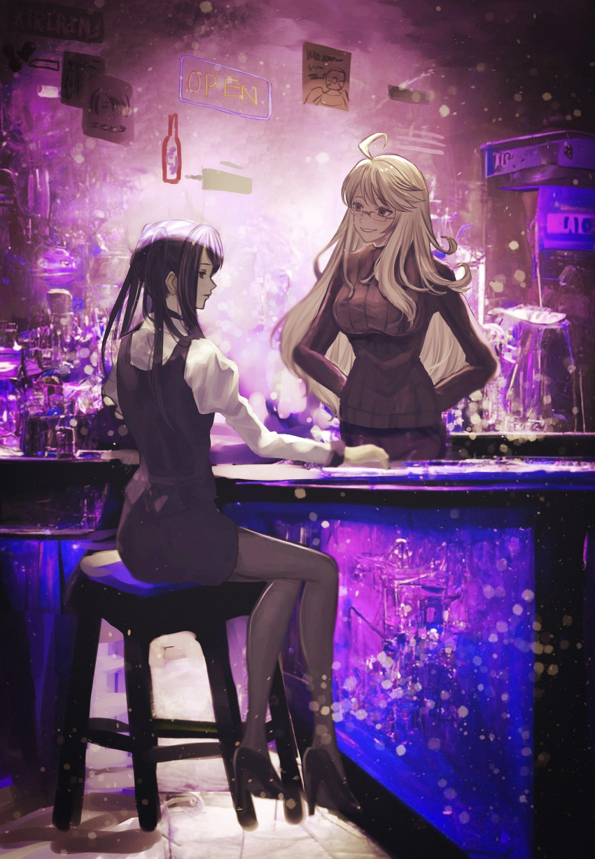 2girls absurdres ahoge alcohol alma_armas bar bar_stool bartender blonde_hair bottle commentary_request counter drawing english_text happy high_heels highres jill_stingray liquor long_hair multiple_girls open_sign purple_hair role_reversal sad spoilers stool sweater takai_misa twintails va-11_hall-a wine_bottle
