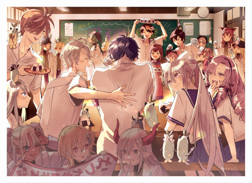 akira_ray axia_krone back ban_hada baseball_cap chalkboard classroom crying drill_hair elu_(nijisanji) emma_august food fumi_(nijisanji) hat highres higuchi_kaede hina_asuka hyakumantenbara_salome kaida_haru labcoat leos_vincent machita_chima mameneko_(leos_vincent) nijisanji nijisanji_en nijisanji_kr onigiri pomu_rainpuff ponytail reimu_endou ryuushen school_uniform serafuku shu_yamino suzuya_aki todoroki_kyouko ushimi_ichigo yofune_(chahansp)