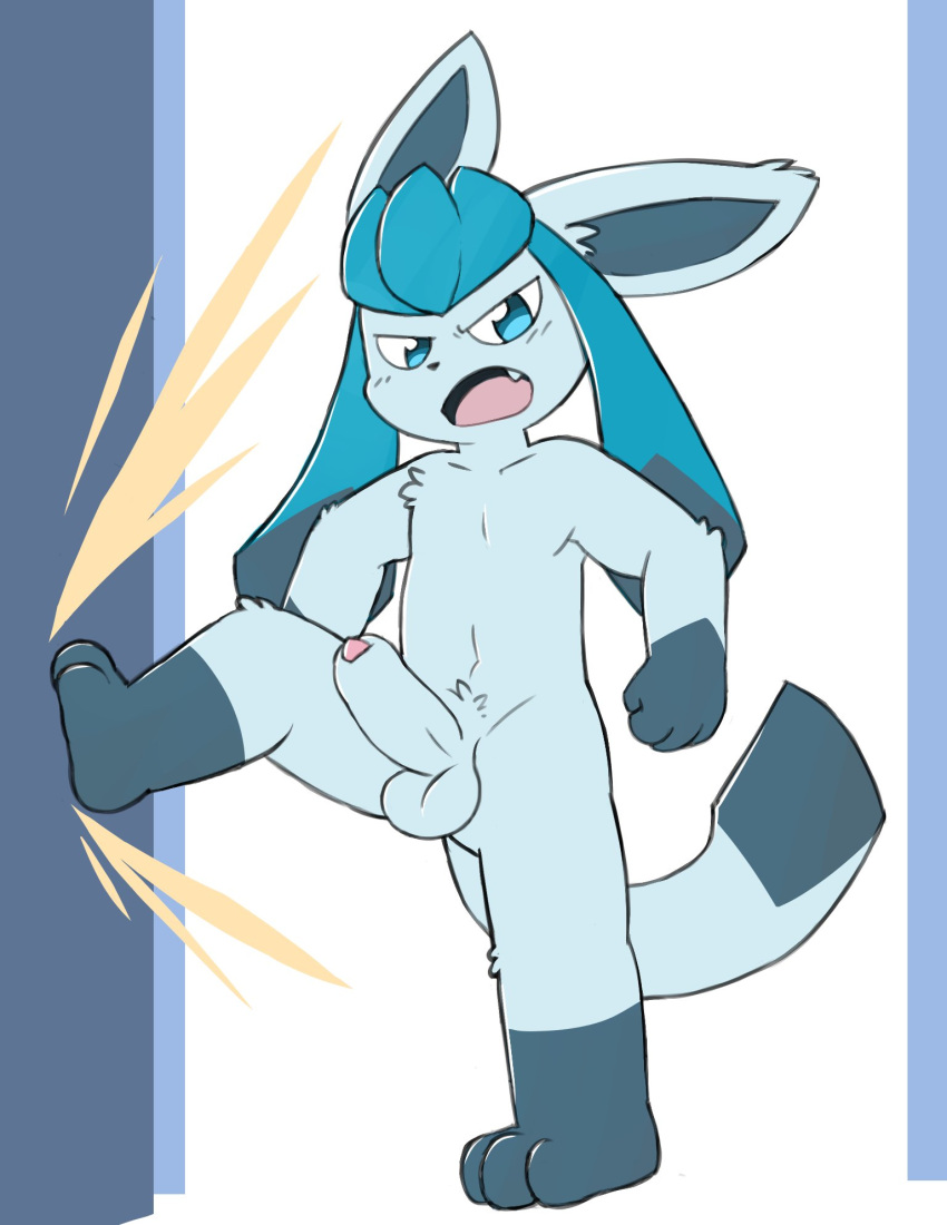 2022 3_toes 4_fingers anthro balls black_nose blue_body blue_eyes blue_fur blue_inner_ear blush blush_lines bulge cute_fangs detailed_bulge digital_drawing_(artwork) digital_media_(artwork) dipstick_tail eeveelution eye_glint feet fingers foreskin fur generation_4_pokemon genitals glaceon gloves_(marking) hi_res humanoid_genitalia humanoid_penis kick leg_markings looking_at_viewer male markings narrowed_eyes navel nintendo oob open_mouth partially_retracted_foreskin penis pok&eacute;mon pok&eacute;mon_(species) socks_(marking) solo standing tail_markings toes triangle_nose video_games