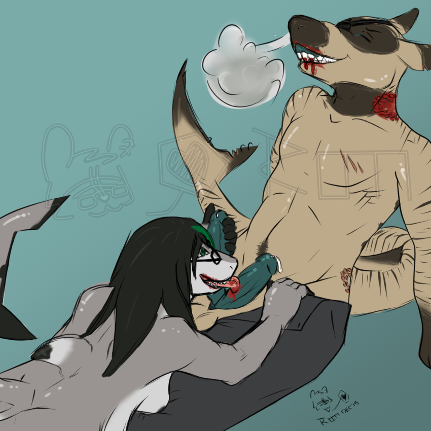 anthro artist_cryptidcave black_tip_reefshark blood bodily_fluids carpet_shark character_lucy character_rodney duo female fish hi_res longtail_carpet_shark male male/female marine requiem_shark shark tiger_shark