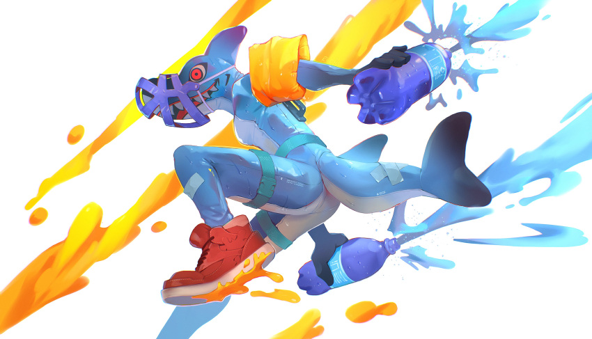 absurd_res ambiguous_gender anthro bottle clothing featureless_crotch fish footwear handles_on_back hi_res ink marine multicolored_body muzzle_(disambiguation) nintendo pool_toy red_eyes redic-nomad reefslider shark shoes simple_background sneakers solo splatoon splatoon_3 straps tape toothy_grin two_tone_body video_games water_wings white_background