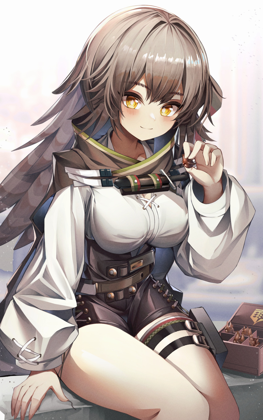 1girl absurdres arknights black_shorts blush box breasts fartooth_(arknights) feather_hair feet_up grey_hair hand_up highres holding large_breasts long_hair long_sleeves looking_at_viewer no_headwear penguin4 shirt shorts sitting smile solo thigh_strap thighs white_shirt yellow_eyes