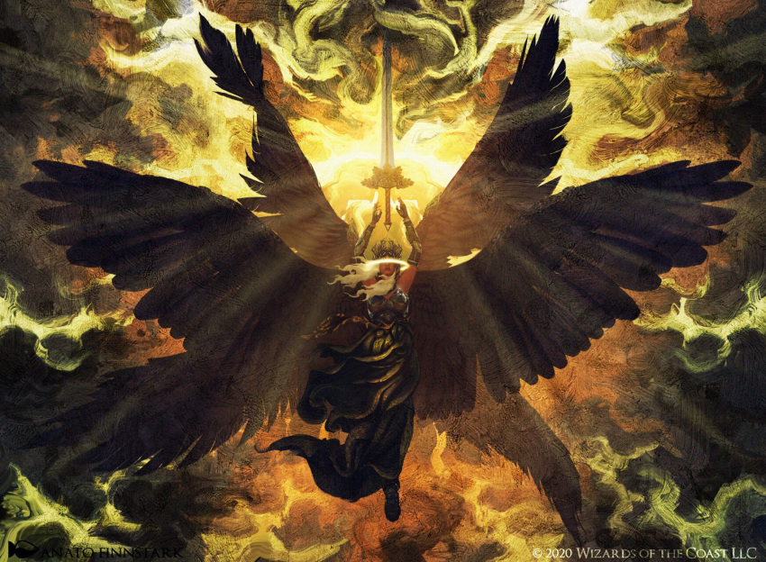 1girl admonition_angel anato_finnstark angel black_dress boobplate closed_mouth crown dress flying halo hands_up highres long_hair magic:_the_gathering multiple_wings solo spread_wings sword weapon white_hair wings